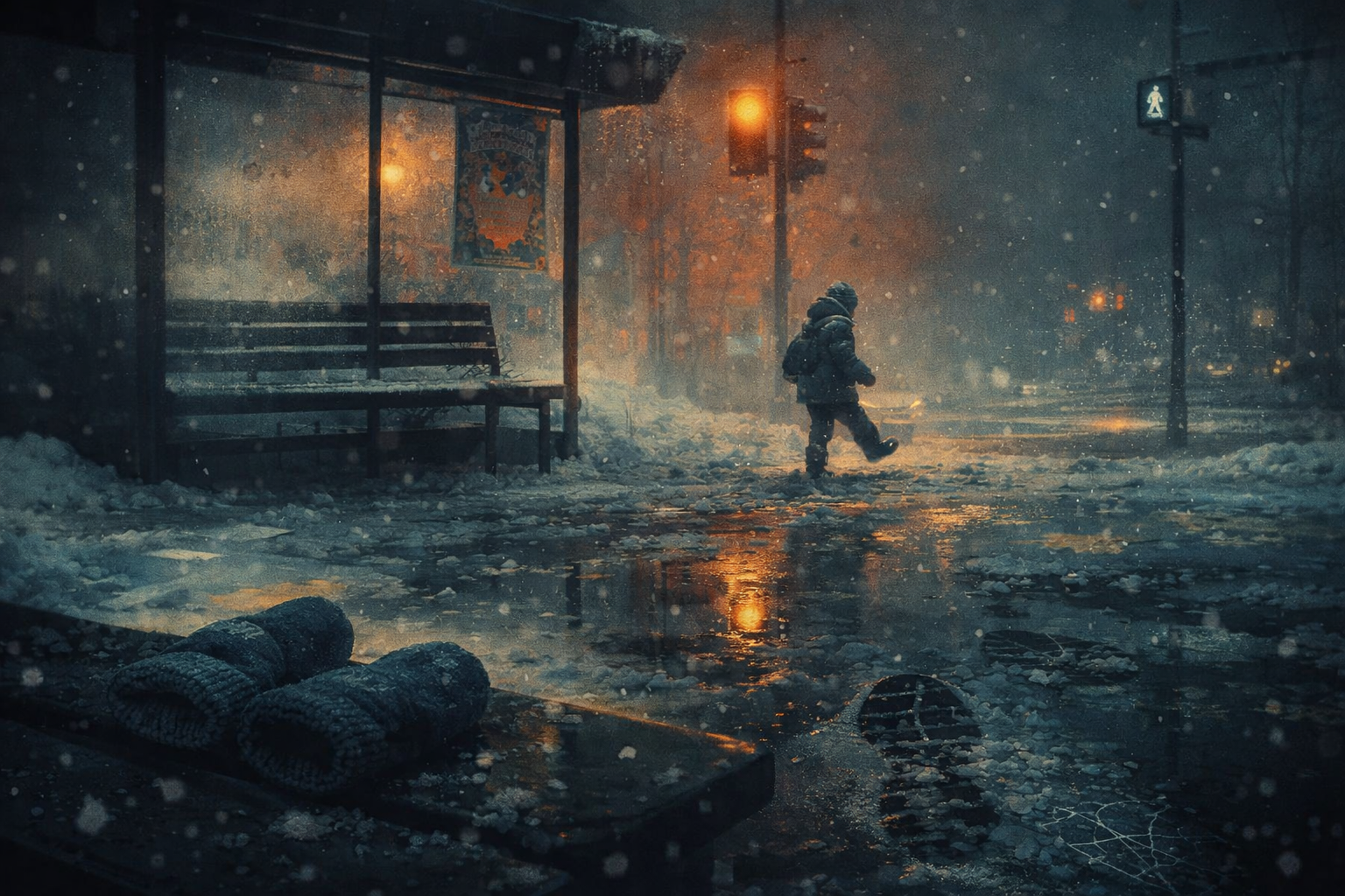 Snowy bus stop with salt-stiff mittens in the foreground and an orange streetlight reflecting in wet slush